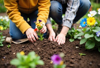 Two people planting flowers in a garden, nurturing nature together