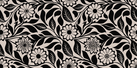 Monochrome floral pattern featuring stylized flowers and leaves in a repeating seamless design aesthetic