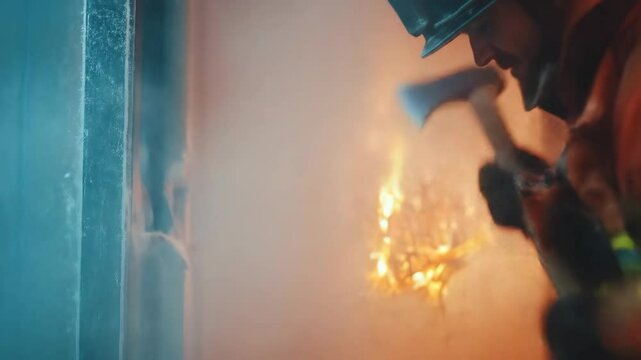 A dedicated firefighter battles a raging fire, using an axe to breach a door amidst smoke and flames, showing the bravery needed in fire rescue.