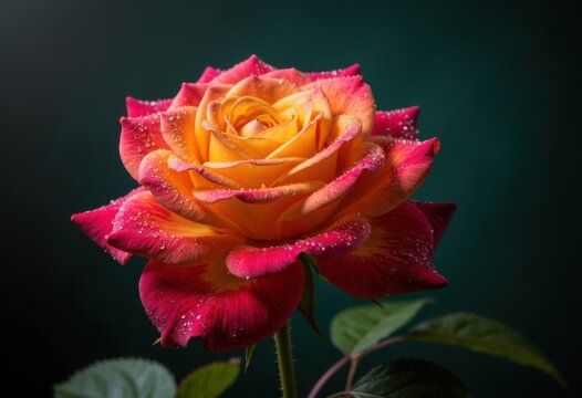 A vibrant rose with orange and pink petals adorned with water droplets