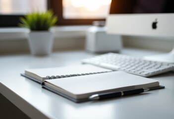 Modern workspace with a notebook, keyboard, and computer on a bright desk