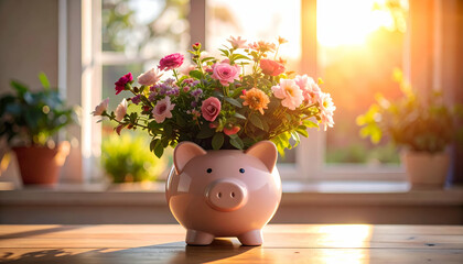 Artistic Piggy Plant Pot Filled with Colorful Blooming Flowers