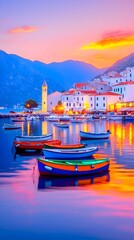 Coastal village sunset, boats reflecting, mountains, harbor, travel