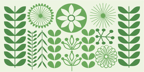 A green and white botanical pattern with floral and leaf motifs in a symmetrical arrangement and design style