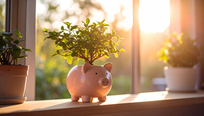 Stylish Piggy Bank Planter on Shelf with Sunrise Backdrop