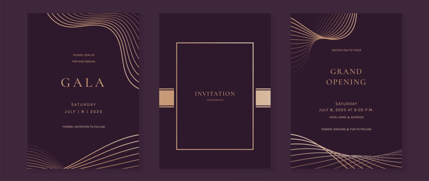 Luxury wedding invitation card background vector. Golden elegant gold wavy lines on purple background. Premium design illustration for wedding and vip cover template, banner, poster.