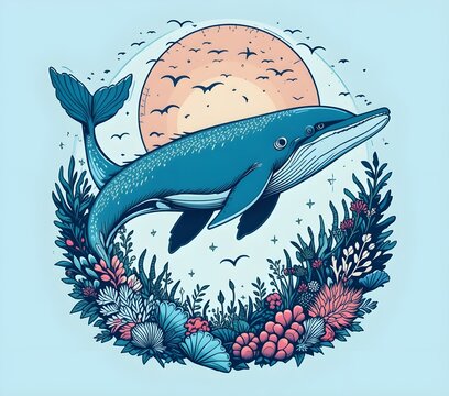 Gr&aacute;fico moderno de una ballena jorobada bajo el oc&eacute;ano con detalles de corales y plantas marinas rodeandola. Tonos azules profundos y contrastes marcados, perfecto para una sudadera con un toque art&iacute;s