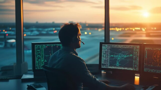An air traffic controller works diligently at his post, overseeing airport operations at sunset from the control tower with multiple computer screens.