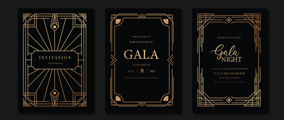 Luxury wedding invitation card background vector. Golden elegant gold wavy lines on dark background. Premium design illustration for wedding and vip cover template, banner, poster.