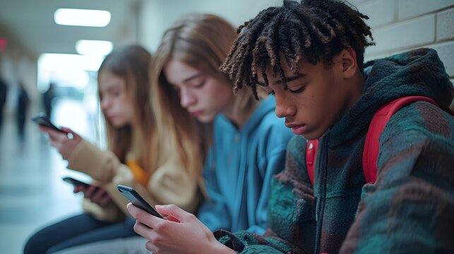 Diverse group of teenagers using mobile phones in school hallway