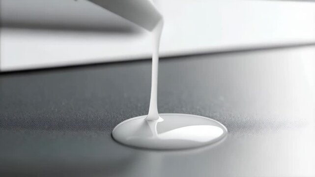 Close-up shot of white adhesive glue or sealant dripping from a nozzle onto a black surface, showcasing texture and application detail.