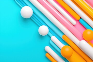 Colorful abstract composition with white, pink, and orange cylindrical shapes and spheres on a vibrant blue background.