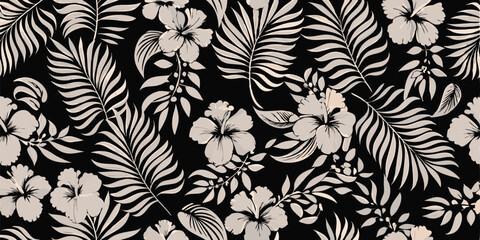 Elegant black and white floral pattern featuring hibiscus and palm leaves in a dense arrangement