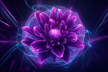 A glowing, neon purple flower with intricate, luminous petals set against a dark background with swirling light patterns.