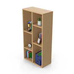 Wooden Bookshelf with Books, Trophies, and Decor Items Isolated on Transparent Background