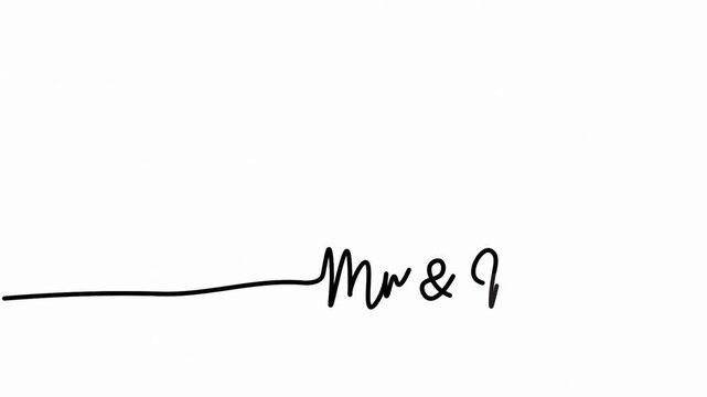 Mr & mrs one line continuous Hand drawn calligraphy monoline vintage text  on background. Calligraphy lettering animation for Day, video Full HD, mr and mrs animated typography  wedding intro