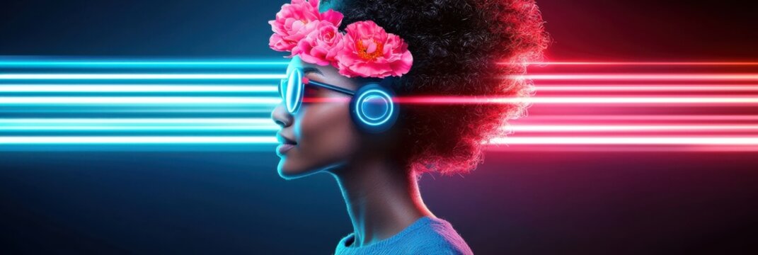 Young woman with vibrant afro hairstyle wearing glowing headphones and glasses, surrounded by neon light trails on a dark background.