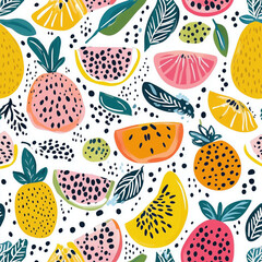 Vector illustration of seasonal fruits pattern, vibrant colors, seamless and repeatable design, white background