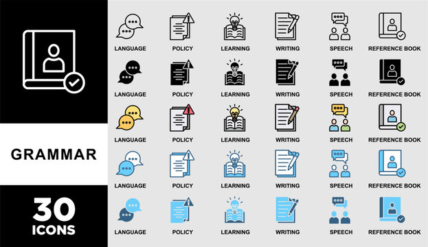 GRAMMAR icon set with various styles and colors of Grammar banner web icon vector illustration concept for languange education with icon of communication, policy, learning, writing, speech, and refere