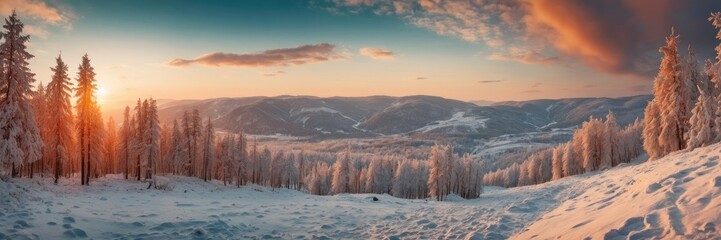 Fototapeta premium Winter Sunset Panorama Majestic Mountain Landscape