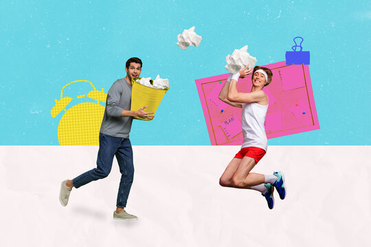 Creative trend artwork design 3D collage of two young man hand hold basket play basketball trash paper ball hr hiring worker office clock