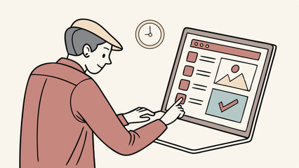 Man interacting with a laptop showing a checklist and a picture with a clock on the wall behind him