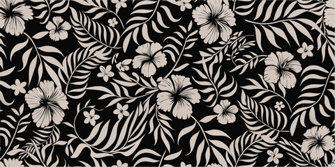 Black background with white hibiscus flowers and palm leaves in a seamless repeat pattern design