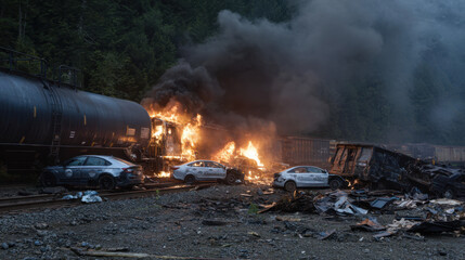A chaotic encounter occurs with a train derailment causing explosions, flames, and billowing smoke into the surrounding forest area