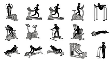 Illustrated Fitness Equipment and Stick Figures Demonstrating Exercise Routines.