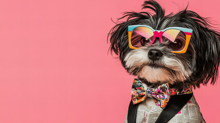 Stylish Dog Wearing Colorful Sunglasses and Suits on Pink Background – Fashionable Canine Portraits with Retro Newspaper Accessories

