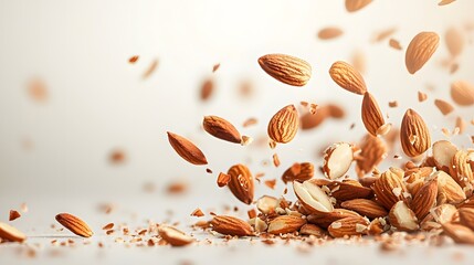 Falling almonds on a white background