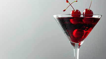 Close up shot of a martini glass filled with a dark red liquid and red cherries on a light grey background