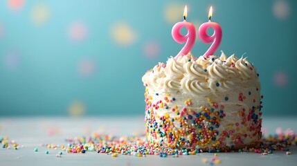 Festive birthday cake with candles celebrating 99 years