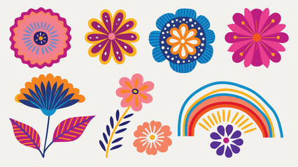 Colorful floral arrangement featuring various flower designs and a rainbow illustration art work