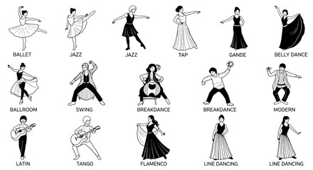 Diverse Dance Styles Illustrated in Black and White Outlines.