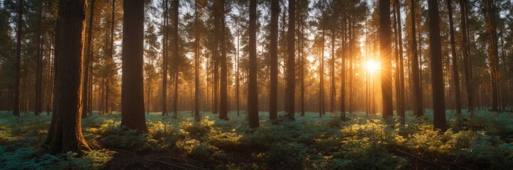 Obraz premium Majestic Sunrise in a Pine Forest Serene Nature