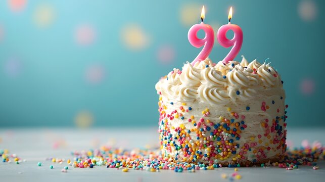 Festive birthday cake with candles celebrating 99 years