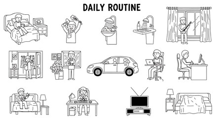 Illustrated Daily Routine Depicting Various Activities in Black and White.