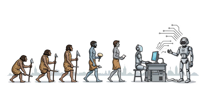 Human Evolution Depicted, Culminating in Artificial Intelligence and Robotics.