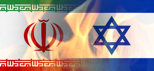 Conflict, war at Middle East. Israel and Iran flags with flames between.