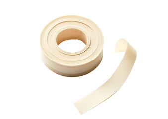 Cream-colored adhesive tape roll and strip isolated, transparent background
