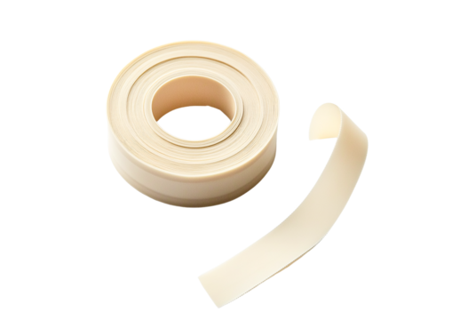 Cream-colored adhesive tape roll and strip isolated, transparent background