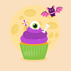 Happy Halloween for Halloween Holiday Flying Batand Cupcake with Eyes and Bone. Vector Illustration
