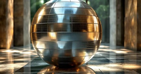 A metallic sphere with a tile pattern sits in a marble hall, reflecting light and shadow. - Powered by Adobe