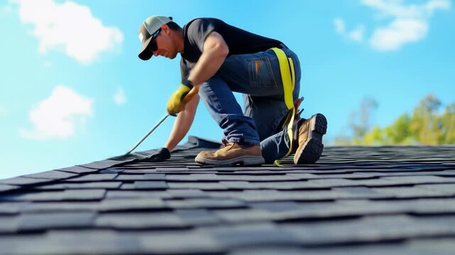 A skilled roofer is kneeling and working on roof shingles with a tool, ensuring quality home improvement and maintenance in residential construction.