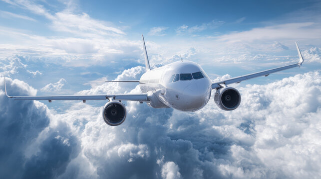 A commercial airplane flies high in the sky, navigating through a sea of fluffy clouds on a clear day, showcasing freedom and adventure - Powered by Adobe