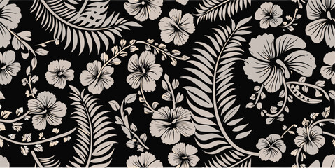 Monochrome floral pattern featuring hibiscus flowers and palm fronds on a black background creating a dense design
