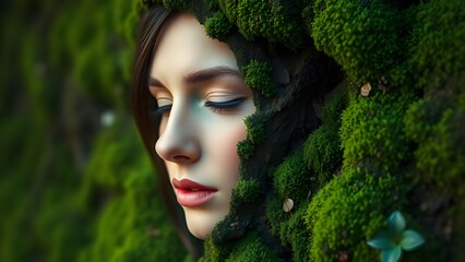 Surreal Portrait Illustration of Woman Merged with Lush Green Moss Texture, Nature Connection Concept