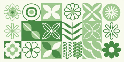 Geometric floral pattern with green hues forming a retro style design arrangement on a light background
