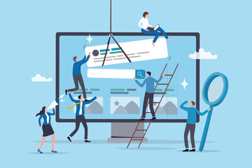 Teamwork develop website, building software or application project, team planning or website optimization, digital collaboration concept, business people team help build website on computer monitor.